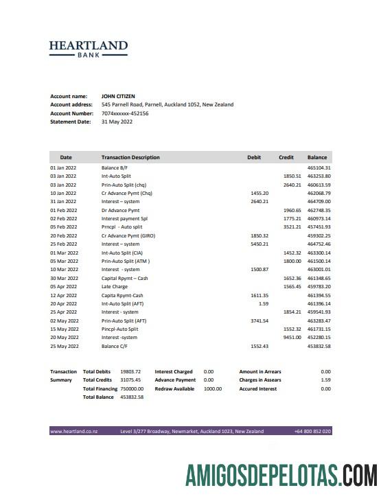 Extrato bancário do Heartland da Nova Zelândia em Excel e modelo PDF para download